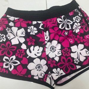 Girls OP black pink white hibiscus swim board shorts XL 14/16